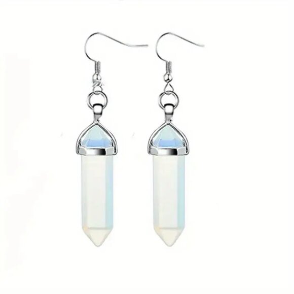 Hexagon Point Dangle Earrings Opal Glass Stone - Picture 2 of 2